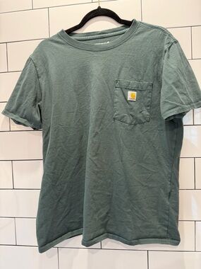 Carhartt Women’s Pocket Tee in Muted Green with Yellow Logo